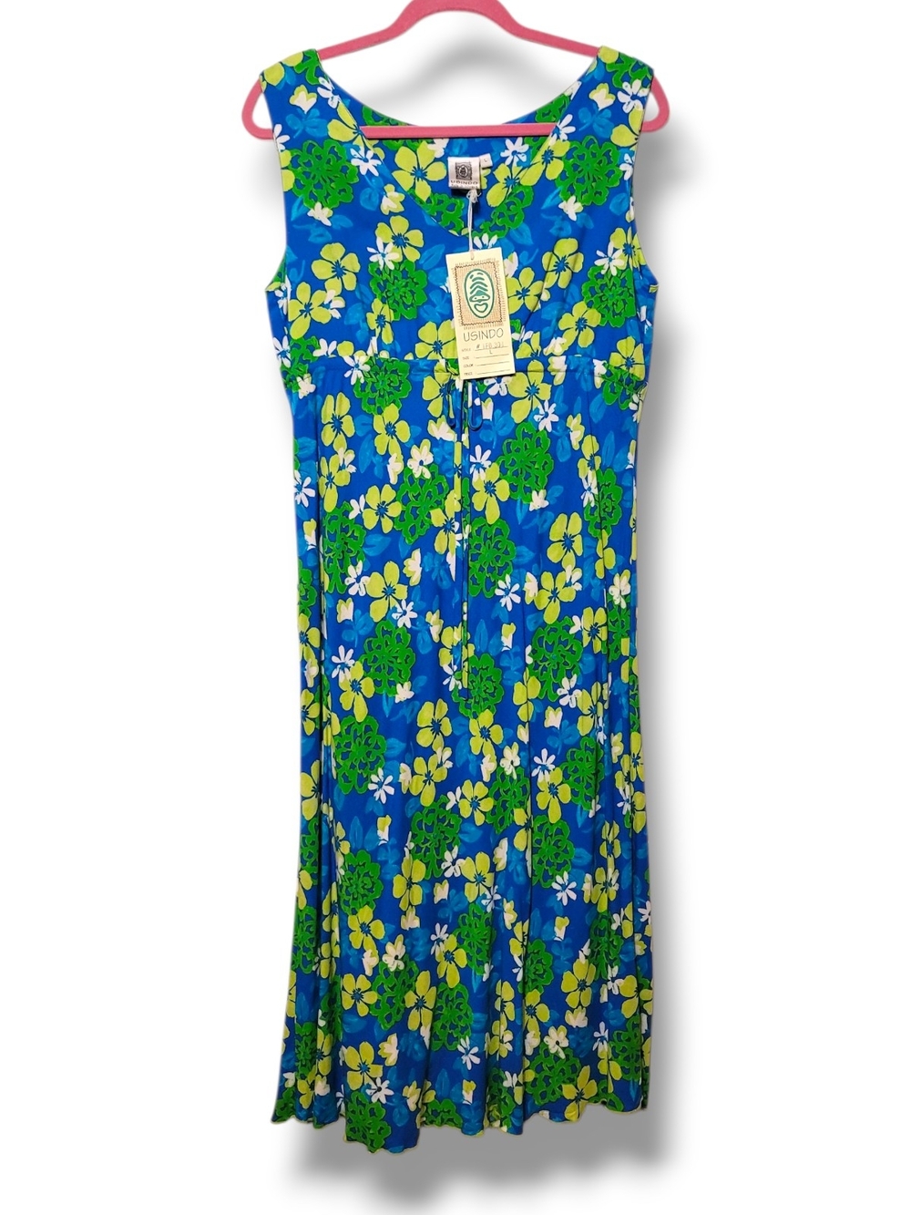 USINDO - Large Blue Floral Maxi Dress with Green & Yellow Blooms - Picture 2 of 8